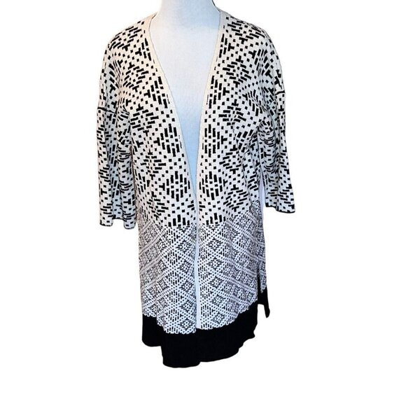 H&M Black & White Diamonds Open Front 3/4 Sleeve Wool Blend Oversized Cardigan - Picture 2 of 7